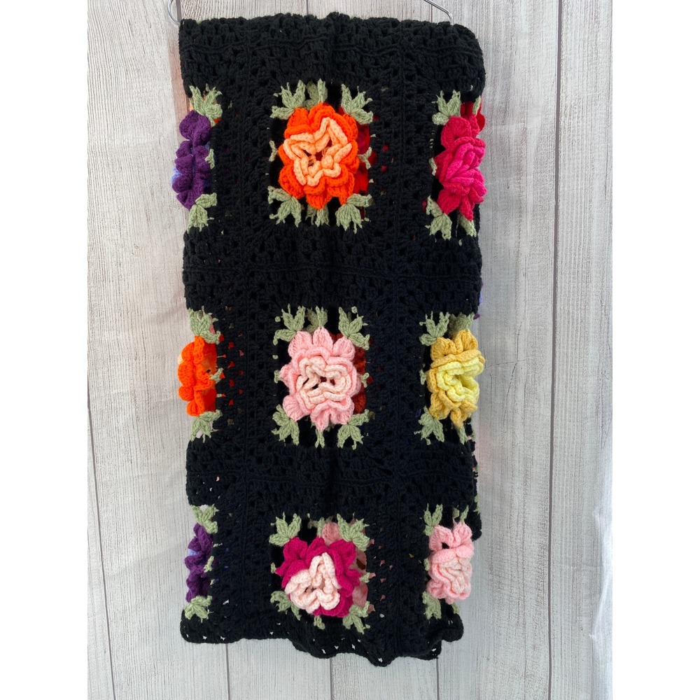 Handmade Crochet Floral Throw Blanket 64x72 Black 3D Granny Square Afghan Flower